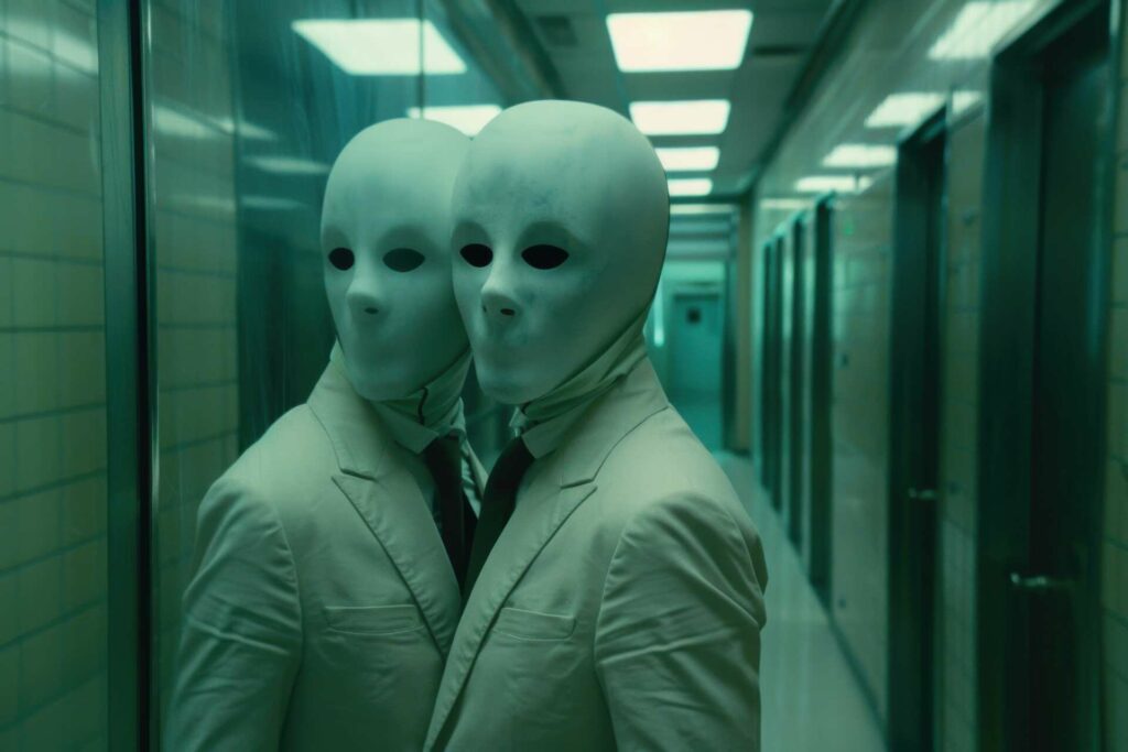 Person in ominous hallway with white full-face and head mask on in tan suit with reflection of himself